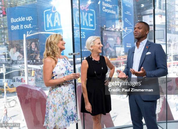 Personalities from 'Real Housewives of New York' Sonja Morgan, Dorinda Medley and AJ Calloway visit 'Extra' at their New York studios at H&M in Times...