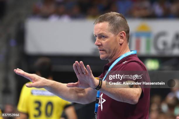 Alfred Gislason, head coach of Kiel battles reacts during the Pixum DHB Handball Super Cup 2017 between Rhein-Neckar Loewen and THW Kiel at...