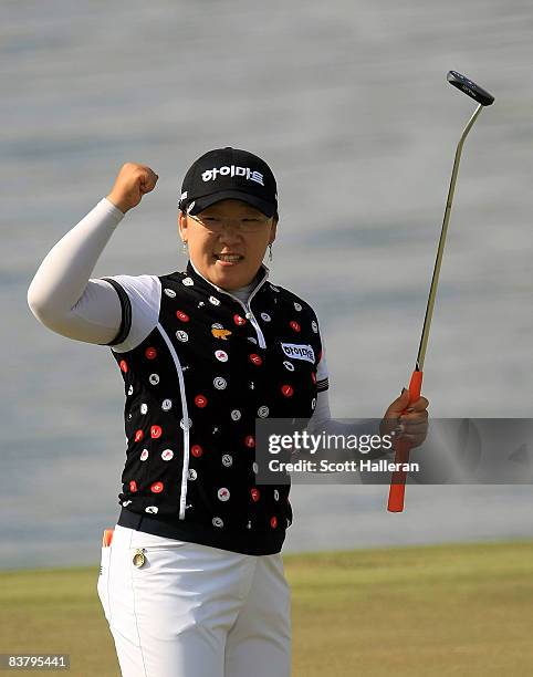Ji-Yai Shin of South Korea celebrates her one-stroke victory at the ADT Championship at the Trump International Golf Club on November 23, 2008 in...
