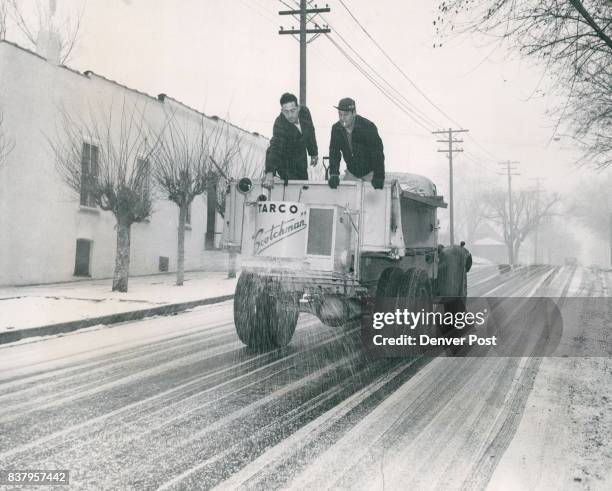 Help for Motorists-The city of Denver's new mechanical salt spreader went into action for the first time Monday, spraying ice-melting salt on slick...