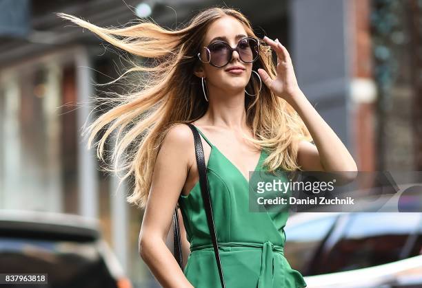 Rosa Crespo is seen in Soho wearing an Iorane green dress on August 22, 2017 in New York City.