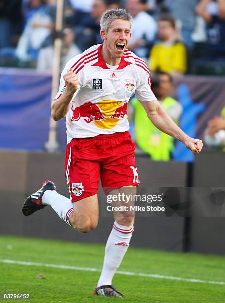 John Wolyniec of the New York Red Bulls celebrates after scoring in the 51st minute against the Columbus Crew at the Home Depot Center during the...