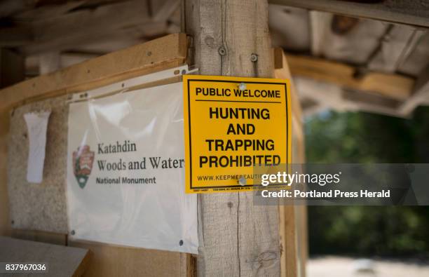 No hunting sign on an information booth at Katahdin Woods and Waters National Monument.