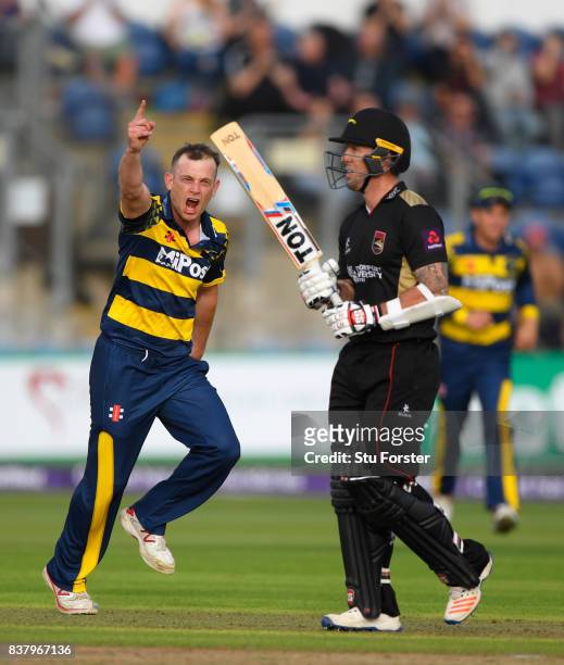Glamorgan bowler Graham Wagg celebrates after dismissing Leicestershire batsman Luke Ronchi during the NatWest T20 Blast Quarter-Final match between...