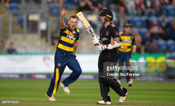 Glamorgan bowler Graham Wagg celebrates after dismissing Leicestershire batsman Luke Ronchi during the NatWest T20 Blast Quarter-Final match between...