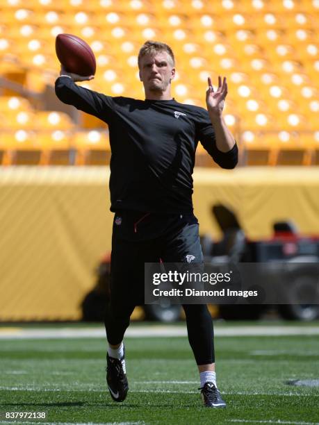 Quarterback Matt Simms of the Atlanta Falcons throws a pass prior to a preseason game on August 20, 2017 against the Pittsburgh Steelers at Heinz...