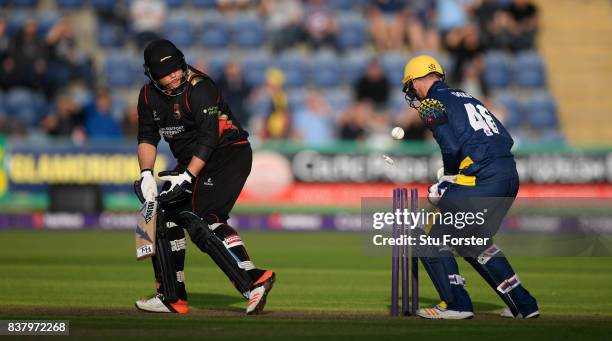 Leicestershire batsman Mark Cosgrove is bowled by Craig Meschede as keeper Chris Cooke reacts during the NatWest T20 Blast Quarter-Final match...