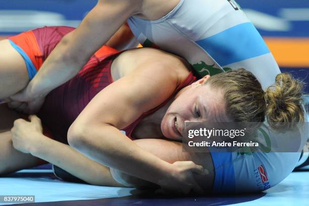 Becka Anne Leathers of USA and Bilyana Zhivkova Dubova of Bulgaria during the female 55 kg wrestling competition of the Paris 2017 Women's World...