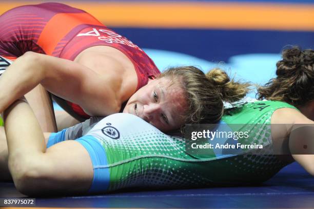 Becka Anne Leathers of USA and Bilyana Zhivkova Dubova of Bulgaria during the female 55 kg wrestling competition of the Paris 2017 Women's World...