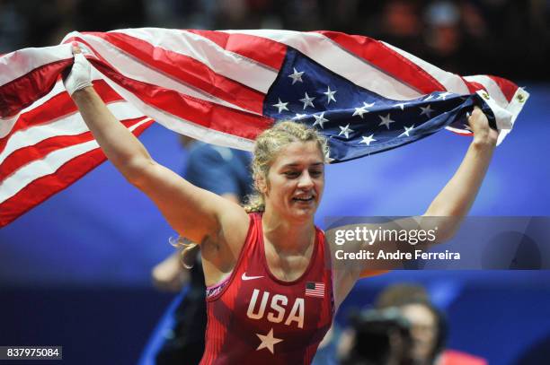 Helen Louise Maroulis of USA celebrates during the female 58 kg wrestling competition of the Paris 2017 Women's World Championships at AccorHotels...