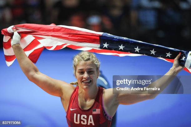 Helen Louise Maroulis of USA celebrates during the female 58 kg wrestling competition of the Paris 2017 Women's World Championships at AccorHotels...