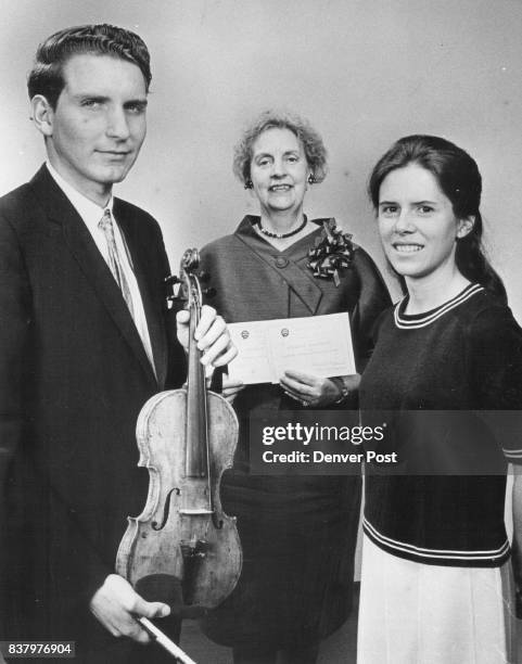 To R: John Fodor, 1370 H Awthorne - Golden, Mrs. Carl Prior, 7501 W Quincy Ave - Littleton, Laurie Ticehorst - C.U. Student from Piano Langhorne,...