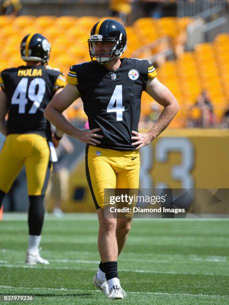 Punter Jordan Berry of the Pittsburgh Steelers stands on the field prior to a preseason game on August 20, 2017 against the Atlanta Falcons at Heinz...