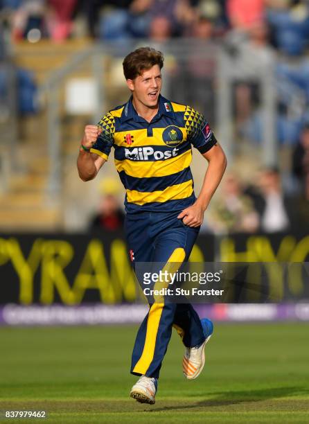 Glamorgan bowler Craig Meschede celebrates with team mates after dismissing Leicestershire batsman Colin Ackerman during the NatWest T20 Blast...
