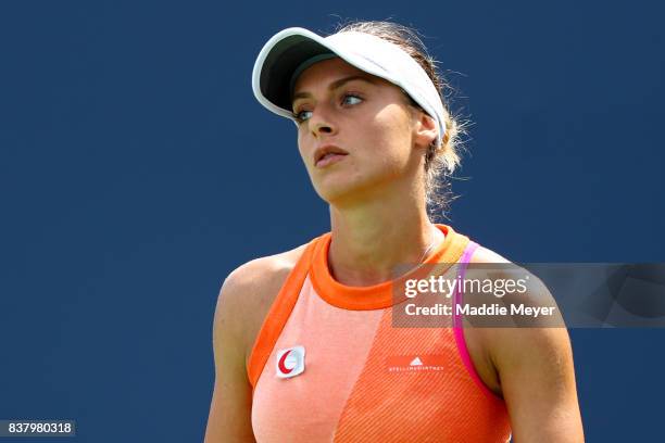 Ana Bogdan of Romania looks on during her match against Kirsten Flipkens of Belgium during Day 6 of the Connecticut Open at Connecticut Tennis Center...