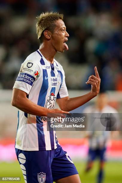 Keisuke Honda of Pachuca celebrates after scoring the fourth goal of his team during the sixth round match between Pachuca and Veracruz as part of...