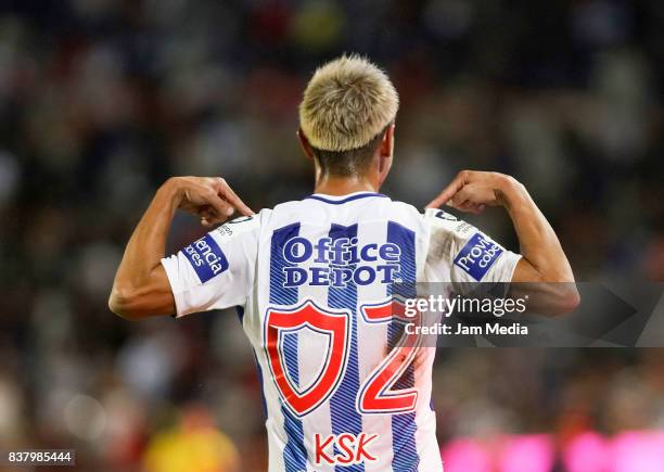 Keisuke Honda of Pachuca celebrates after scoring the fourth goal of his team during the sixth round match between Pachuca and Veracruz as part of...