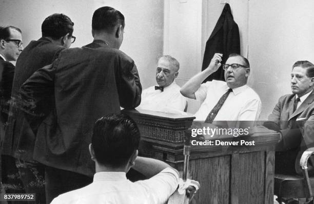 Attorneys Appear Before Denver Civil Service Commission In Case Of Dr. Harold I. Goldman Standing, From left, are Paul Goldman and Harlan Balaban,...