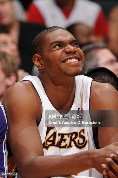 Andrew Bynum of the Los Angeles Lakers reacts from the bench during the game against the Sacramento Kings at Staples Center on November 23, 2008 in...