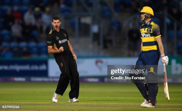 Glamorgan batsman Aneurin Donald is dismissed by Leicestershire bowler Clint McKay during the NatWest T20 Blast Quarter-Final match between Glamorgan...