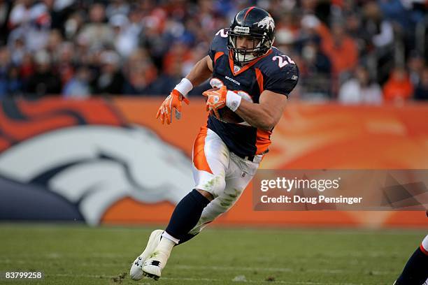 Peyton Hillis of the Denver Broncos rushes against the Oakland Raiders during week 12 NFL action at Invesco Field at Mile High on November 23, 2008...