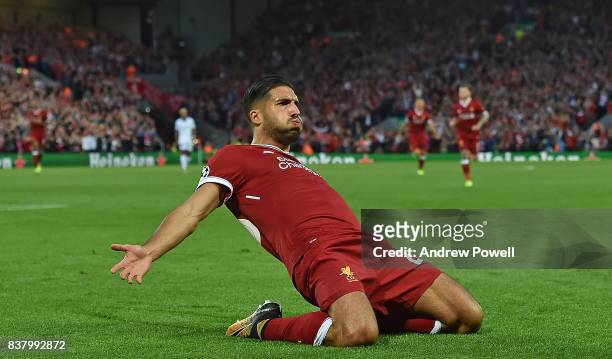 Emre Can Scores liverpool opener and celebrates of Liverpool during the UEFA Champions League Qualifying Play-Offs round second leg match between...
