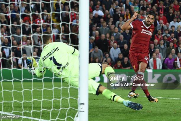 Liverpool's German midfielder Emre Can scores Liverpool's third goal during the Champions League qualifier, second leg match between Liverpool and...