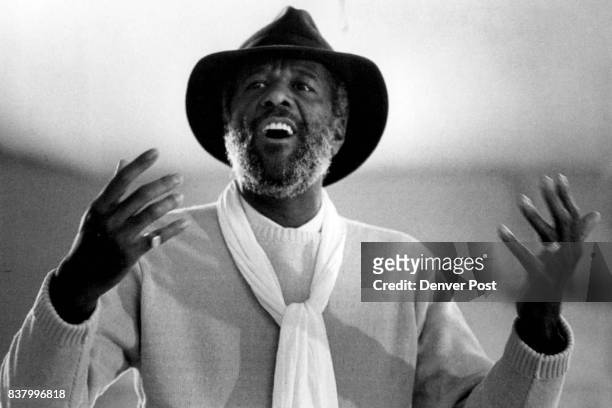 American businessman and author Wally Amos speaks at Adams County Middle School, Denver, Colorado, January 22, 1984. Amos was the founder of the...