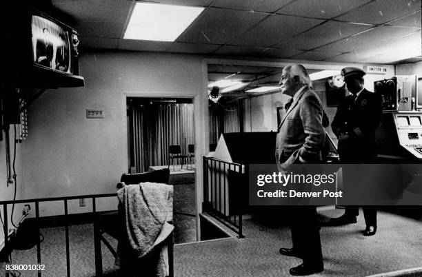 Newest "Fire Chief" Gets View of Own Show Arthur Fiedler, conductor of the Boston Pops, watches himself in a taped interview on a television monitor...