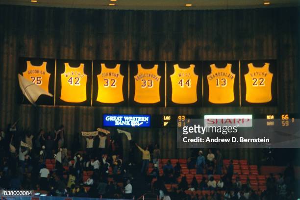 The retired numbers of the Los Angeles Lakers displayed during Gail News  Photo - Getty Images