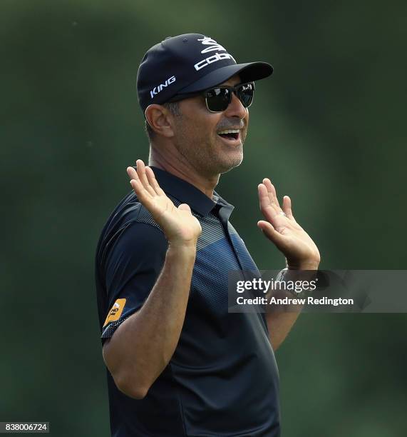 Claude Harmon III, golf caoch, is pictured during practice for The Northern Trust at Glen Oaks Club on August 23, 2017 in Westbury, New York.