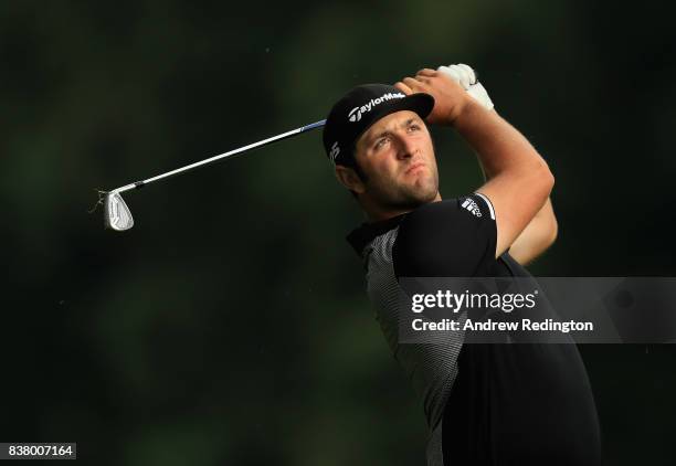 Jon Rahm of Spain in action during practice for The Northern Trust at Glen Oaks Club on August 23, 2017 in Westbury, New York.