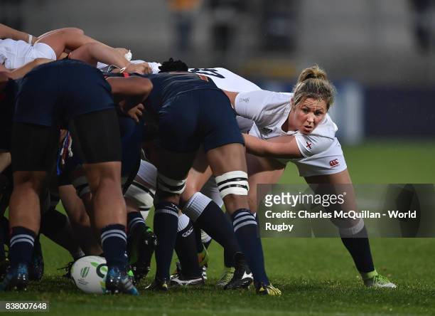 Marlie Packer of England eyes the ball during a scrum as the Womens Rugby World Cup semi-final between England and France takes place at the Kingspan...