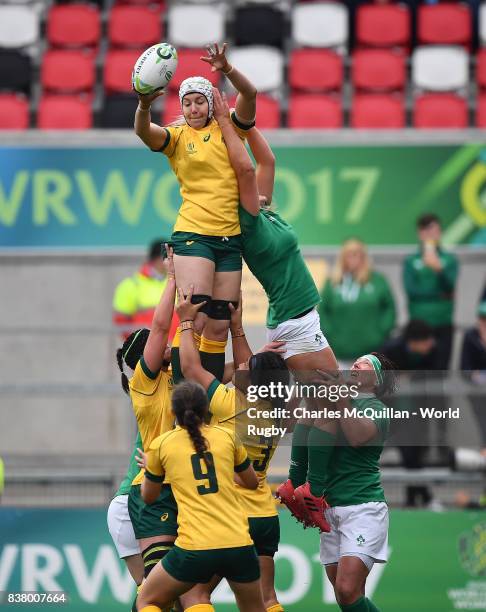 Chloe Butler of Australia wins a lineout during the Womens Rugby World Cup 5th place semi-final at the Kingspan Stadium on August 22, 2017 in...