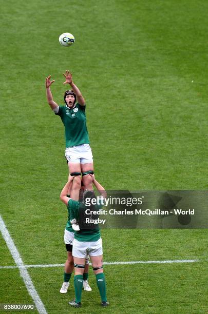 Ireland and Australia contest a lineout ball during the Womens Rugby World Cup 5th place semi-final at the Kingspan Stadium on August 22, 2017 in...