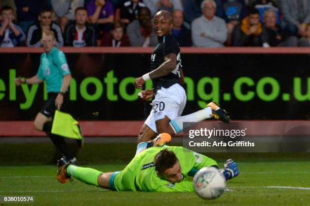 Andre Ayew of West Ham United scores a goal during the Carabao Cup Second Round match between Cheltenham Town and West Ham United at Whaddon Road on...