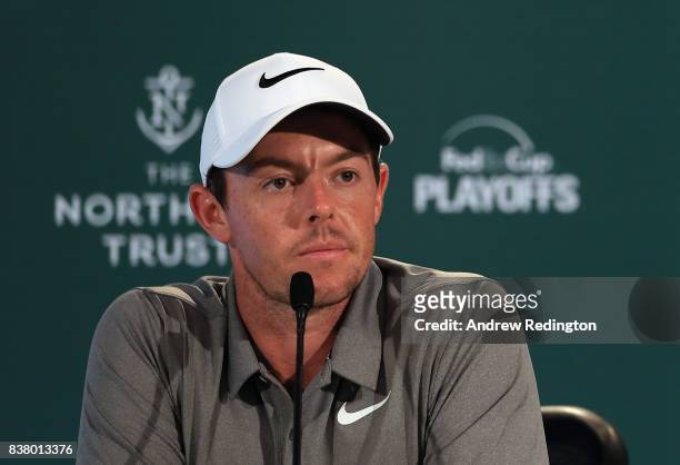 Rory McIlroy of Northern Ireland talk to the meda during a press conference at The Northern Trust at Glen Oaks Club on August 23, 2017 in Westbury,...