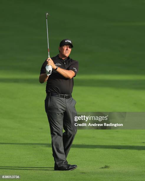 Phil Mickelson of the USA in action during practice for The Northern Trust at Glen Oaks Club on August 23, 2017 in Westbury, New York.