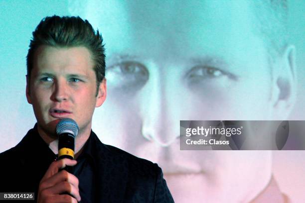Mexican singer and songwriter Alexander Acha speaks during his new single 'Perdon' presentation on August 17, 2017 in Mexico City, Mexico. TO-30347....