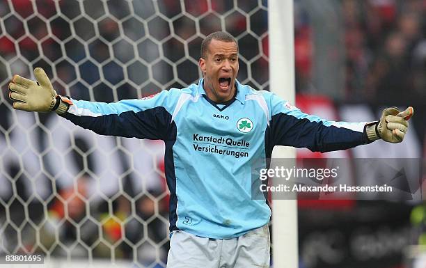 Stephan Loboue of Fuerth reacts during the second Bundesliga match between 1. FC Nuernberg and SpVgg Greuther Fuerth at the easyCredit stadium on...