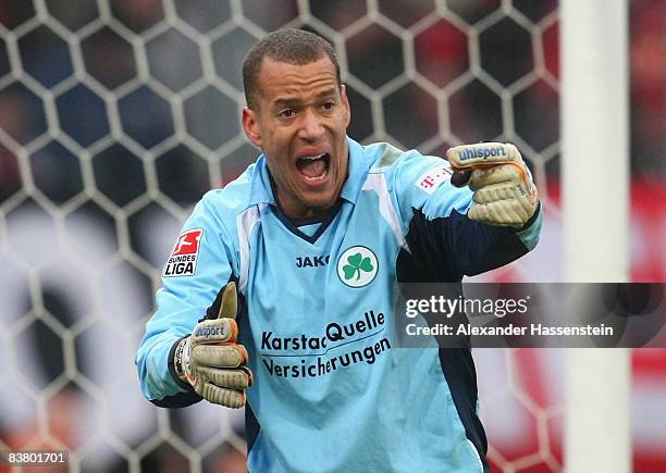 Stephan Loboue of Fuerth reacts during the second Bundesliga match between 1. FC Nuernberg and SpVgg Greuther Fuerth at the easyCredit stadium on...