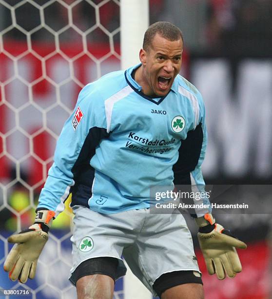 Stephan Loboue of Fuerth reacts during the second Bundesliga match between 1. FC Nuernberg and SpVgg Greuther Fuerth at the easyCredit stadium on...