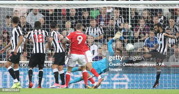 Nottingham Forest's Tyler Walker scores his side's third goal of the game during the Carabao Cup, Second Round match at St James' Park, Newcastle.