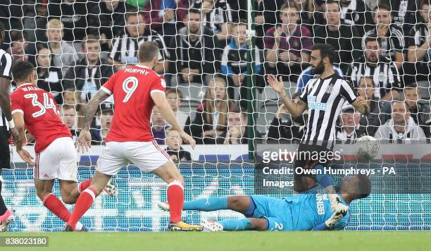 Nottingham Forest's Tyler Walker scores his side's third goal of the game during the Carabao Cup, Second Round match at St James' Park, Newcastle.