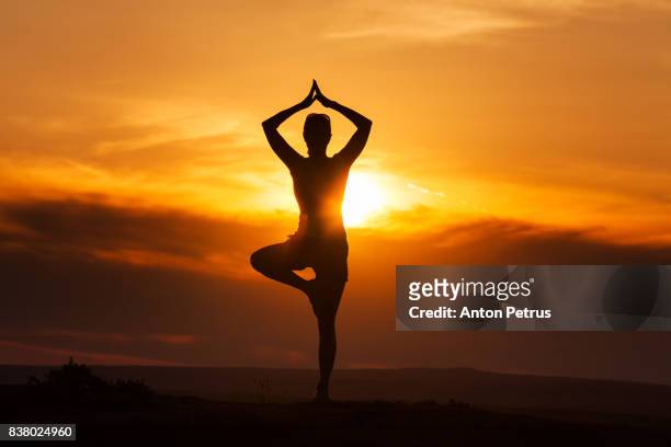 silhouette of woman doing yoga at sunset - yoga stock pictures, royalty-free photos & images