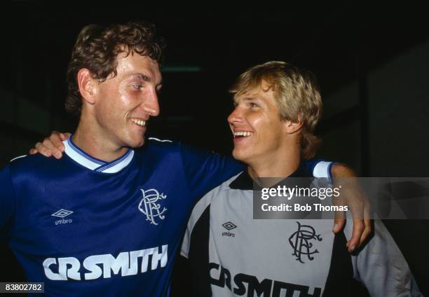 England defender Terry Butcher and goalkeeper Chris Woods after their debut for Glasgow Rangers in a pre-season friendly at Ibrox Stadium against...