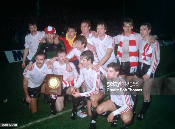 The victorious Aberdeen team after defeating SV Hamburg 2-0 in the UEFA Super Cup Final 2nd leg at Pittodrie, 20th December 1983. Back row Dougie...