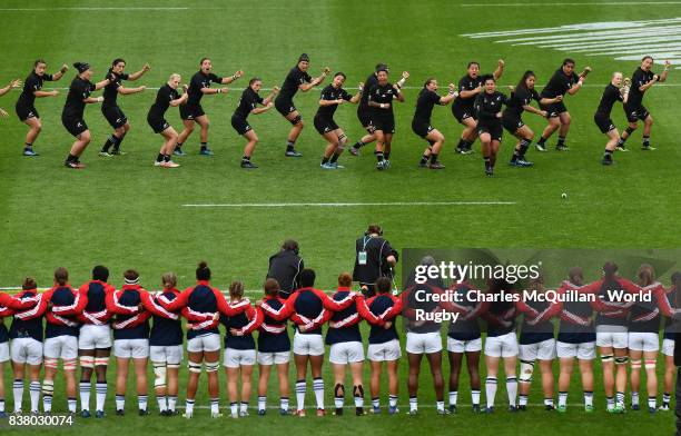 The New Zealand Black Ferns perform the Haka before the Womens Rugby World Cup semi-final between New Zealand and USA at the Kingspan Stadium on...