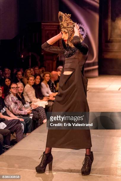 Model walks the runway at the Kjell Nordstrom show during the Fashion Week Oslo on August 23, 2017 in Oslo, Norway.