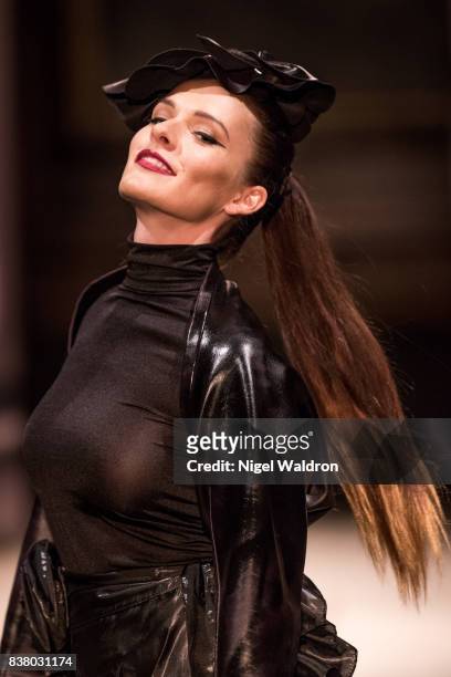 Model walks the runway at the Kjell Nordstrom - Black Rose by BvB show during the Fashion Week Oslo Spring/Summer 2018 at the Kulturkirken Jakob on...
